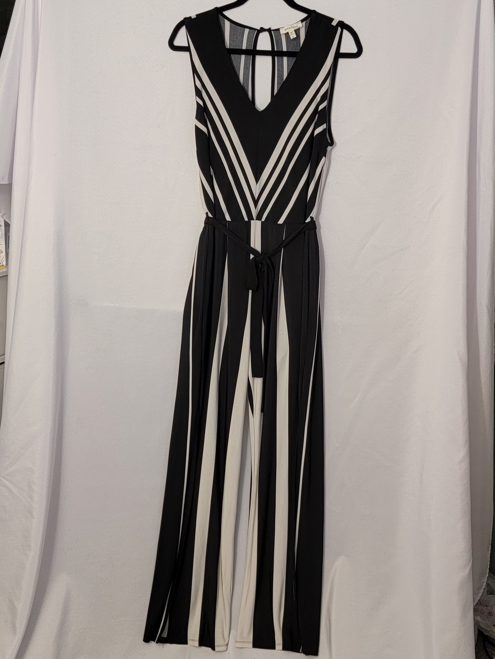 Monteau Sleeveless Striped Jumpsuit w/Tie Belt Size L